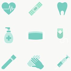 various medical icons are shown in blue and green colors on a white background, including an iv