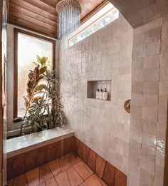 a bathroom with tiled walls and flooring next to a window, shower head and plants in the corner