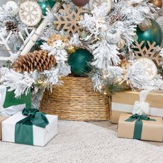 a christmas tree decorated with green and white ornaments