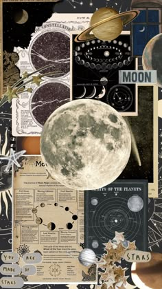 a collage of pictures with the moon and stars in them, all on top of each other