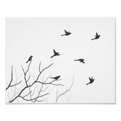 a flock of birds flying through the sky above tree branches in front of a white background