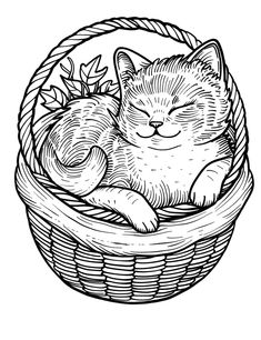 a black and white drawing of a cat sleeping in a basket