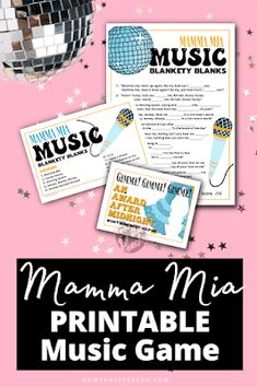 the mama mia printable music game is shown on a pink background with disco balls and stars