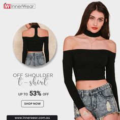 Check out our wide range of stylish off shoulder tops only at Innerwear Australia. European Style Sexy Off Shoulder T-shirt for women. Tops Long Sleeve, Off Shoulder Tops, T Shirt Women, European Style, Women Tops, Black T Shirt