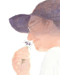 a watercolor painting of a man smelling a flower