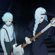 two anime characters with long white hair and blue hair, one is holding a baseball bat