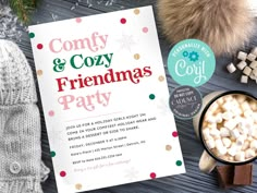 a christmas party flyer with marshmallows and hot chocolate