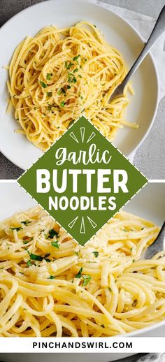 garlic butter noodles in a white bowl with parsley on top and the words garlic butter noodles