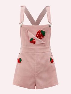 Strawberry Pants Outfit, Overall Patches, Strawberry Themed Clothes, Shein Cute Things, Strawberry Clothes Aesthetic, Strawberry Themed Outfit, Strawberry Aesthetic Outfit, Strawberry Outfit Aesthetic, Strawberry Overalls