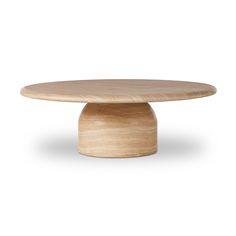 a round wooden table with an oval base on the top is shown in front of a white background