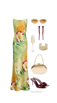 a woman in a floral dress and accessories including shoes, handbag, wine glass, purse