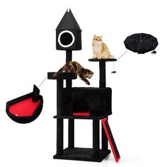 a cat sitting on top of a black cat tree next to a red ball and bat