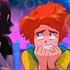 two anime characters sitting next to each other in front of a purple and blue background