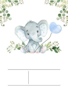 an elephant holding a blue balloon on top of a white sheet with greenery around it