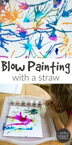 a child is painting with watercolors on paper and the text, straw painting blowing paint = fun art