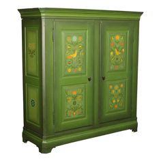 Large Hand Painted Pine 2 Door Armoire Cabinet With Interior Shelves. The Piece Breaks Down Into Several Pieces For Easier Moving. Painting Dresser, 1950s Western, Rustic European, Painted Armoire, Armoire Cabinet, Painted Cupboards, Linen Press, Interior Shelves, Wood And Marble