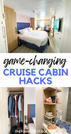 the inside of a cruise ship with text overlay reading game - changing cruise cabin hacks