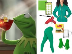 the kermie frog costume is being displayed in front of a woman with green gloves