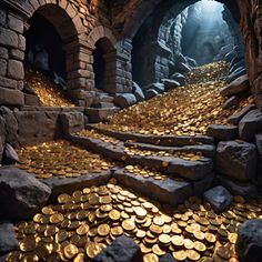 a bunch of gold coins sitting on the ground in an underground tunnel with stairs leading up to them