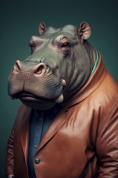 a hippopotamus wearing a brown leather jacket