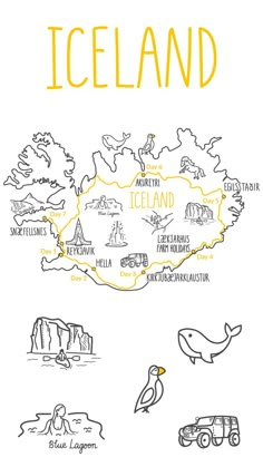 an illustrated map of iceland with the words iceland in orange and black on white background