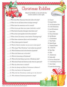 christmas riddles for kids with presents and santa's sleigh in the background