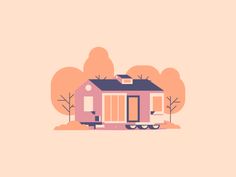 a small pink house sitting on top of a trailer in the middle of a field