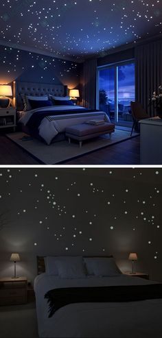 two pictures of a bedroom with stars on the ceiling and in the bed room at night