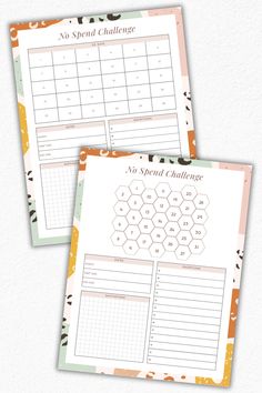 two printable calendars with the words no spend challenge on them