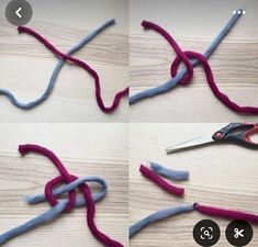 two pictures showing how to tie the ends of yarn with scissors and thread on wooden table