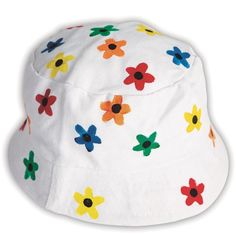 a white hat with colorful flowers on it