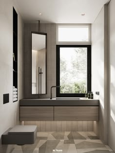 a bathroom with a large window, sink and bathtub next to a tiled floor