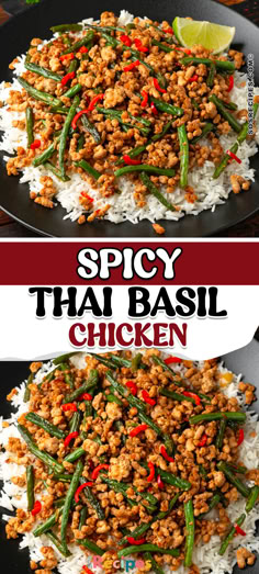 spicy thai basil chicken with rice and green beans