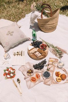 an outdoor picnic with food and drinks on the table, including grapes, cheeses, fruit, and breadsticks