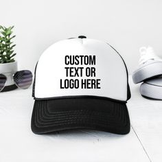 "SIGN UP FOR 10% OFF YOUR ORDER -> https://www.belamodaclothing.com/pages/join-us ♥ HOW TO CUSTOMIZE 1. Choose Hat & Text color from drop down 2. In the notes or personalization section please mention the text you would like. If you would like to print a logo, please message us with the logo file after placing your order ♥ DETAILS We use the best commercial grade materials and machines for a long lasting print High quality - Glitter will not rub off or smear when touched or washed. If you Personalized Summer Trucker Hat With Curved Brim, Customizable Black Baseball Cap, White Trucker Hat With Letter Print And Flat Brim, White Trucker Hat With Letter Print, White Letter Print Trucker Hat With Curved Brim, White Trucker Hat With Letter Print And Curved Brim, White Letter Print Curved Brim Trucker Hat, Personalized Summer Snapback Hats, Custom Black Snapback Hat With Curved Brim