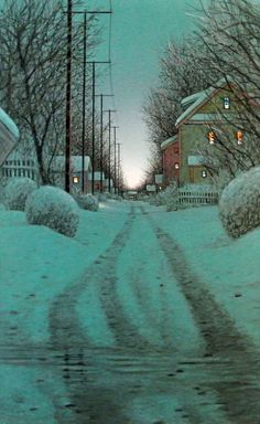 a painting of a snowy road with houses in the background