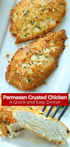 parmesan crusted chicken on a white plate with the words parmesan crusted chicken