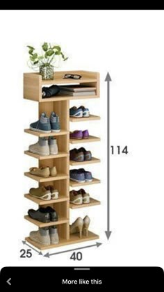 a shoe rack with shoes on it and the measurements for each shelf in front of it