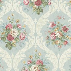 a blue floral wallpaper with pink and white flowers