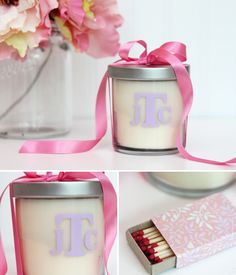 three images show the inside of a jar with pink flowers in it and two candles