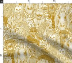 an image of a yellow and white background with many different animals in the same pattern