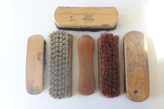 Vintage shoe shine brush collection.  Instant collection.  Great decoration for a man cave or dressing room.  I can almost smell the shoe polish just looking at them.  I think I may do a painting of them, oil on canvas.  If you would like so see examples of my work, please visit jillopelka.etsy.com.  Great hipster gift. Some are marked.  One says acca kappa, another National #74 29 cents. Acca Kappa, Shoe Shine Kit, Hipster Gifts, Vintage Shoe, Cleaning Items, Shoe Polish, Shoe Shine, Beautiful Cover, Cave Decor