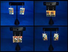 four pictures of earrings hanging from hooks on a blue background, each with an image of the same person