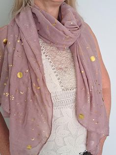 Musk Pink Purple Scarf Rose Gold Foil Moon and Stars Scarf Rose Gold Scarf Celestial Scarf This is a lovely, light scarf with Rose Gold foil Moon and Stars  Musk Pink Purple with Rose Gold Moon and Stars a gorgeous vibrant scarf, would look great with any outfit    Great for day or evening wear Your scarf will come gift wrapped The $10 shipping charge on scarves includes tracking and Insurance upto $100. Jewelery can also be put on the same satchel. ( Within Australia) Please visit our other sho Celestial Scarf, Scarf Rose, Gold Scarf, Purple Scarf, Purple Scarves, Gold Moon, Rose Gold Foil, Moon And Stars, Evening Wear