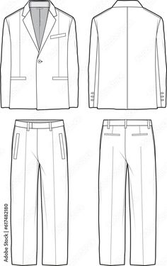 the front and back views of men's pants, jacket and shirt sewing pattern