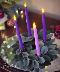 four purple candles are lit on a cake with succulents and greenery