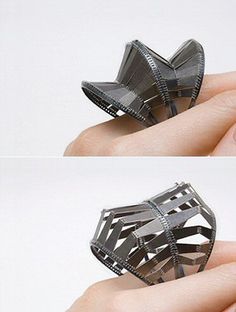 I love all the pleats, perforations and plastic from New York's Clara Cho. Architectural Rings, Kinetic Jewelry, Contemporary Jewelry Design, Modern Jewellery, Contemporary Ring, 3d Laser, Contemporary Jewellery, Contemporary Jewelry, Dainty Jewelry