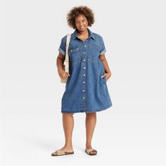 Universal Thread Mini Shirtdress Midweight Denim Fabric Collared Neckline With Button-Down Double-Stitched Seam Front Placket Pleated Back Fair Trade Certified Spruce Up Your Casualwear Collection With This Short-Sleeve Mini Shirtdress From Universal Thread'. . The Short-Sleeve Shirtdress Is Made From Midweight Denim Fabric For A Breathable Fit, While The Collared Neckline With Front Button-Down Closure Provides Ease Of Wear. It Sports A Double-Stitched Seam, Pleated Back, Front Placket And A Ba Plus Size Denim Dress, Short Sleeve Denim Dress, Maxi Bodycon Dress, Plus Size Denim, Mini Sundress, Mini Skater Dress, Clothing Photography, Pleated Fabric, Fabric Collars