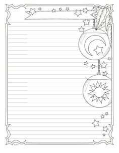 a blank lined paper with stars and crescents on the border, in black and white