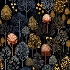 a black background with trees and flowers in gold, orange, and blue colors on it